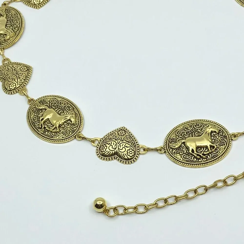 Y2K Boho Gold Horse Heart Medallion Chain Belt, Fits 24–47 Inches, X7GA1175